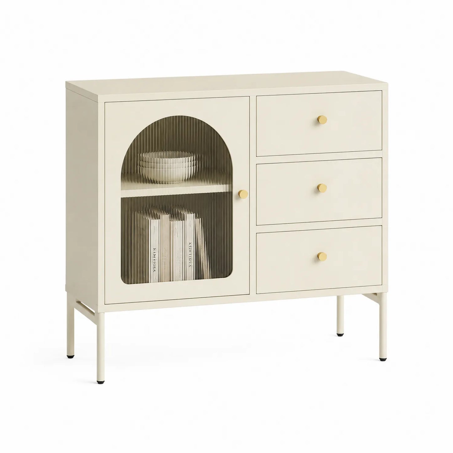 Sideboard mit 3 Schubladen und geriffelter Glastür Beige Metall 100x80x35cm