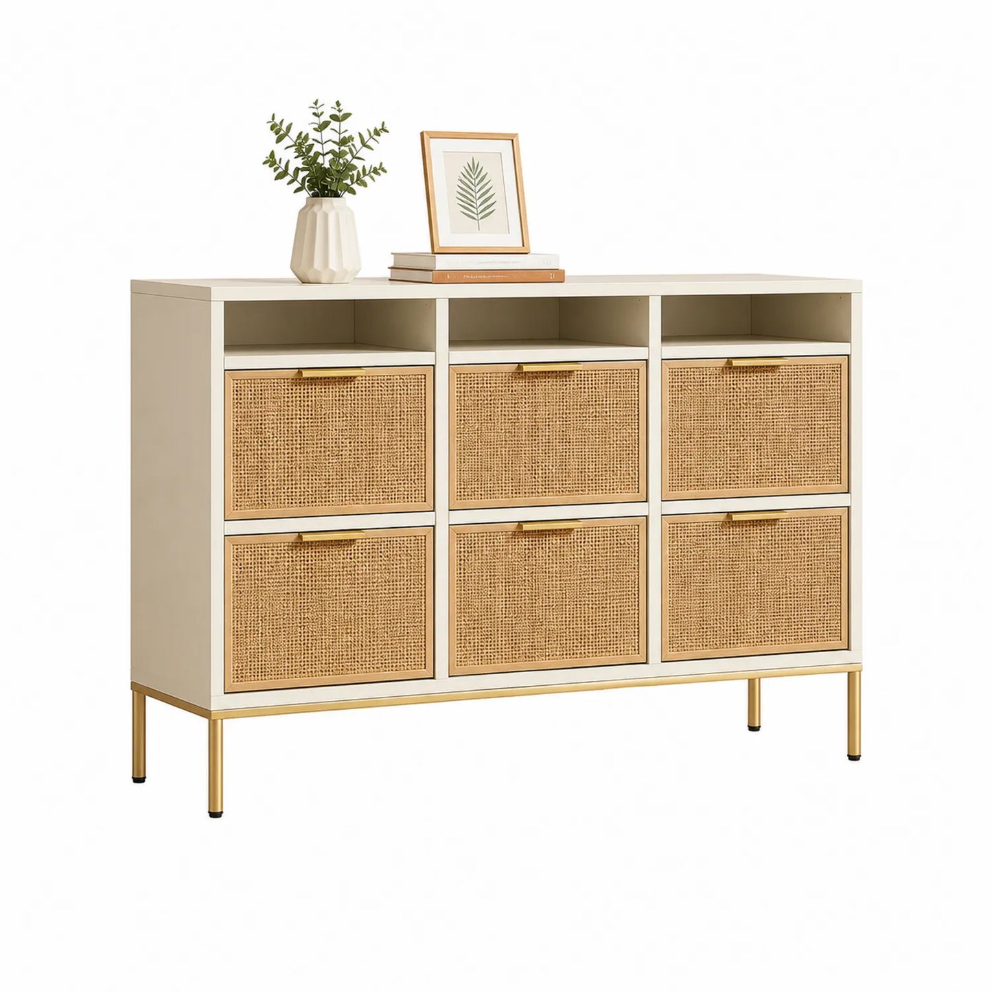 Beige Sideboard mit Rattan und Metallbeinen 120x36x83cm