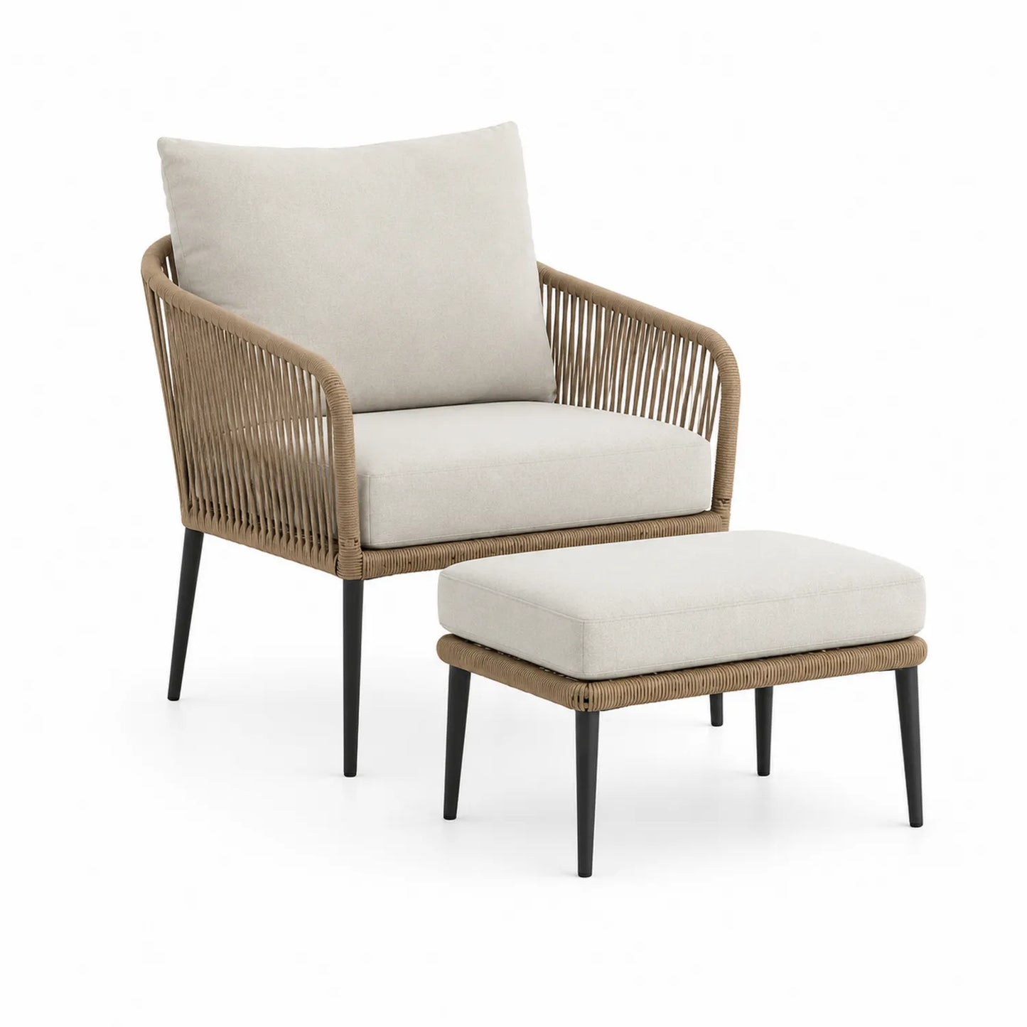 Gartensessel Set mit Hocker aus Polypropylen Seil und Polyester Kissen Braun/Beige