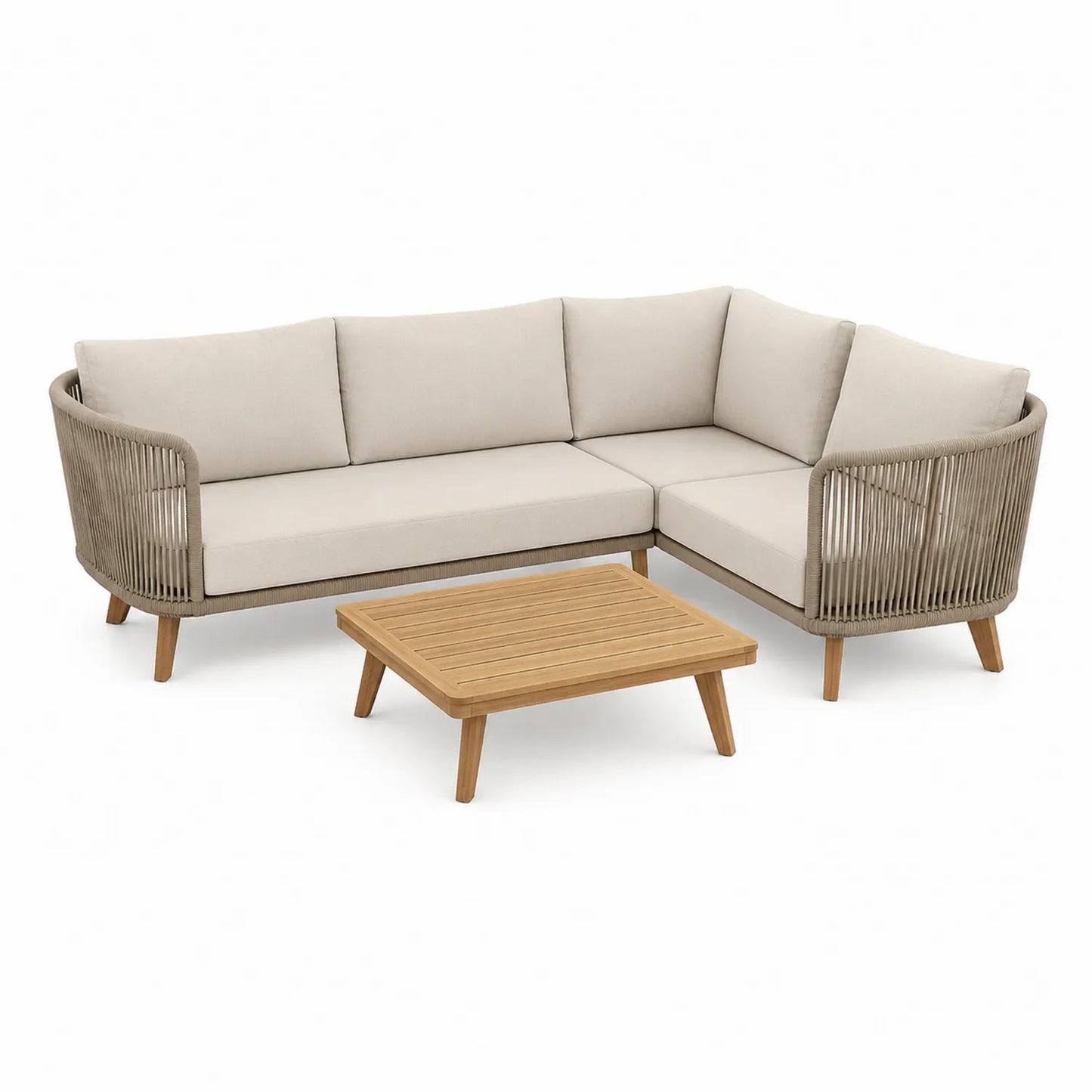 Ecksofa-Set mit Tisch Beige Teakholz und Aluminium