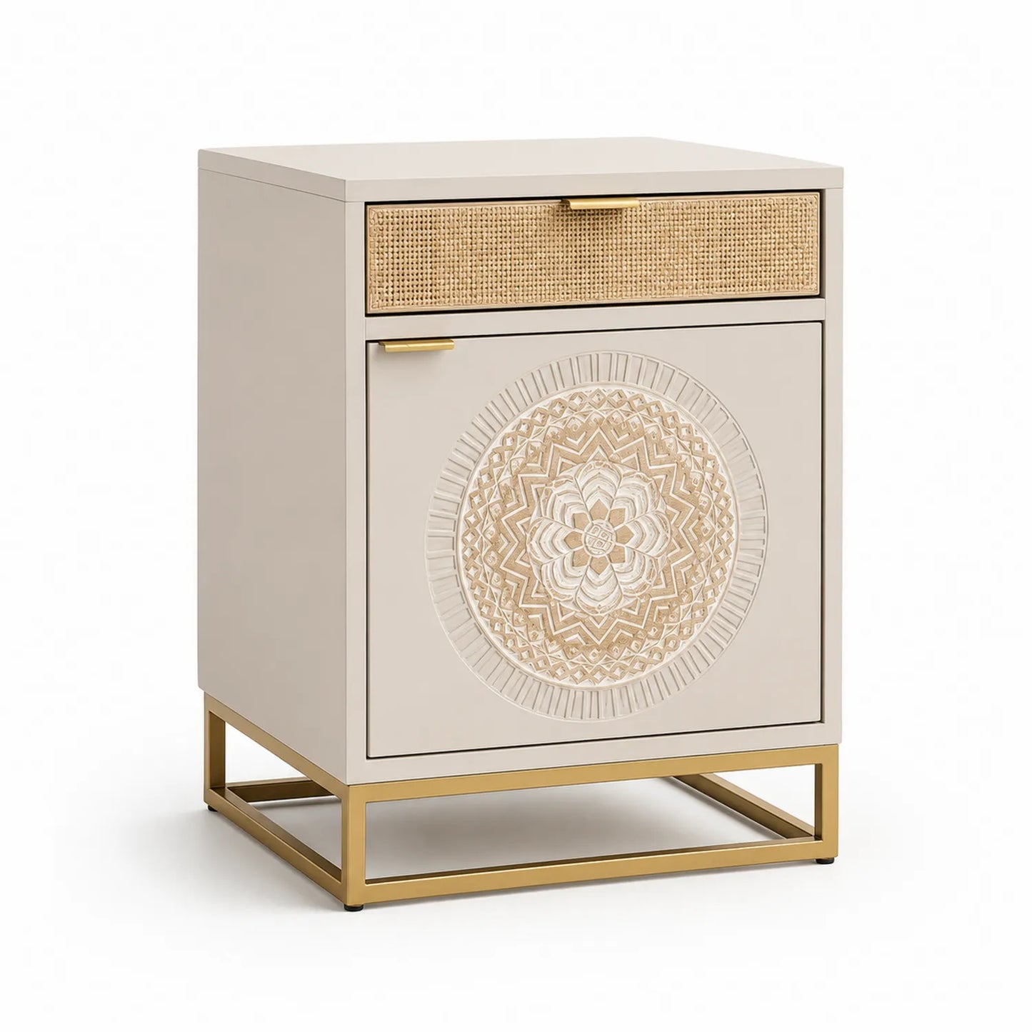 Beistelltisch mit Rattanfront und goldener Metallbasis