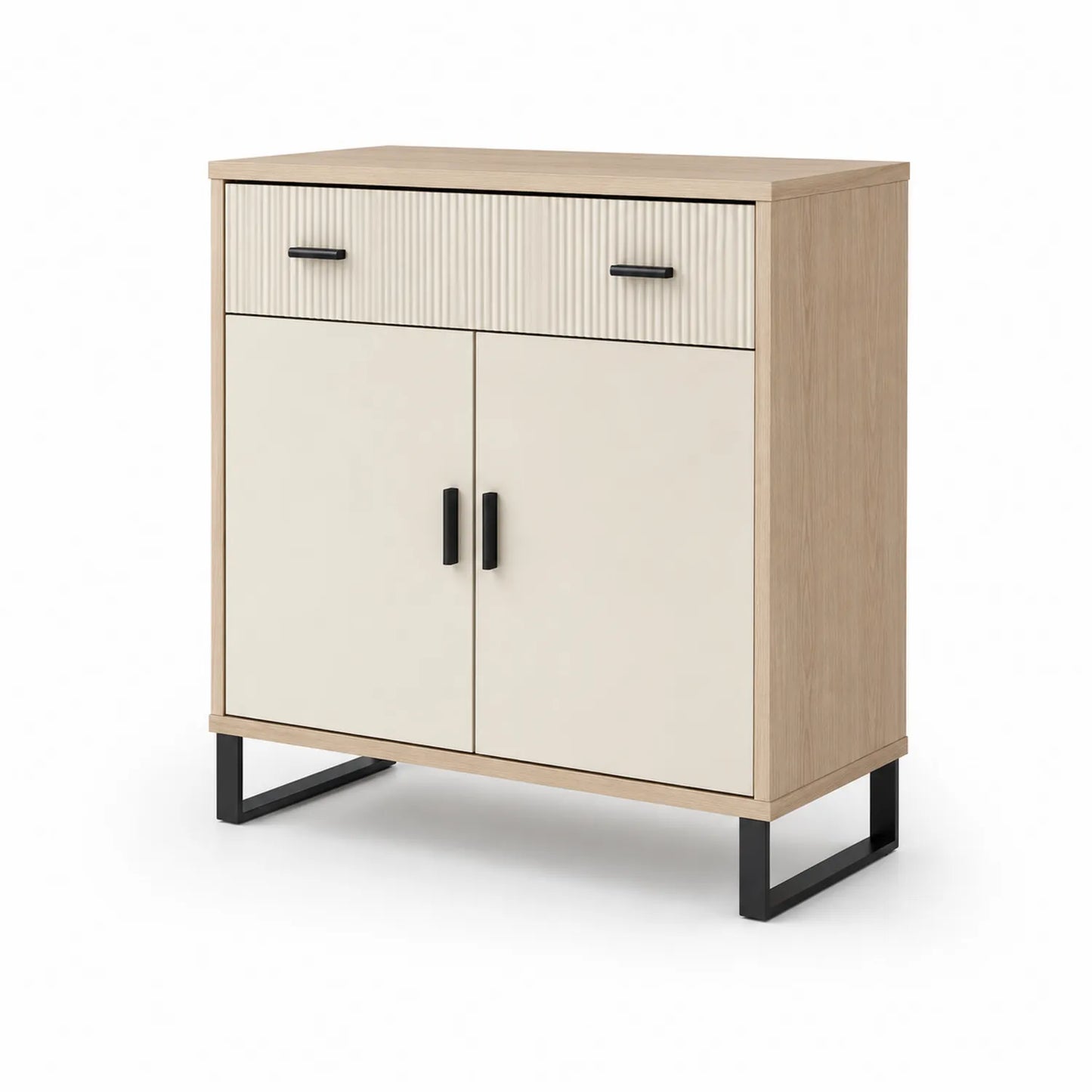Sideboard aus Eichenfurnier und Metall, 90cm, Beige/Eiche