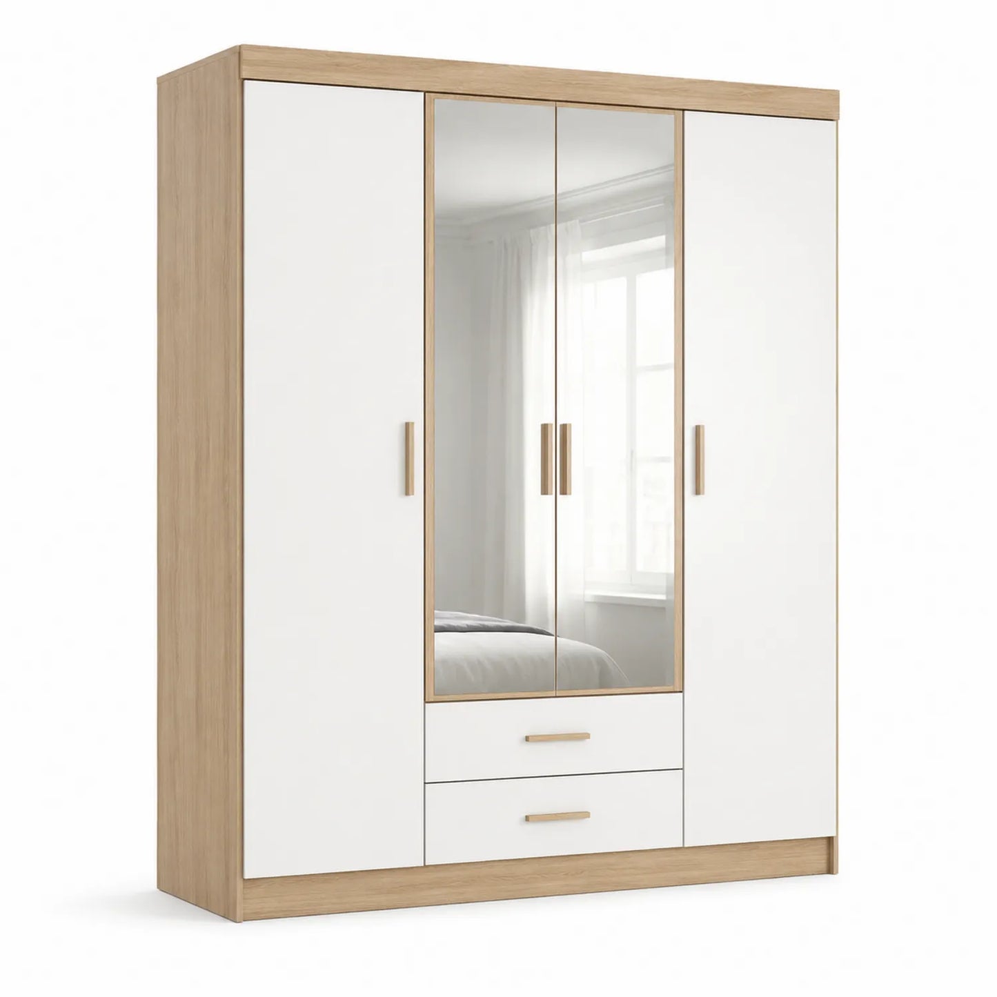 Kleiderschrank mit Spiegel und Schubladen 4-türig MDF Weiß/Eiche 180x197x58 cm