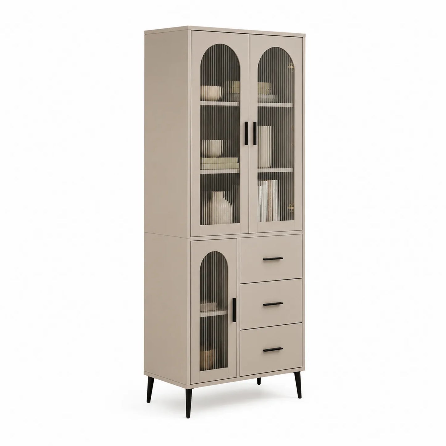 Buffetschrank mit Glastüren und Schubladen aus MDF und gehärtetem Glas Beige 80x40x200cm