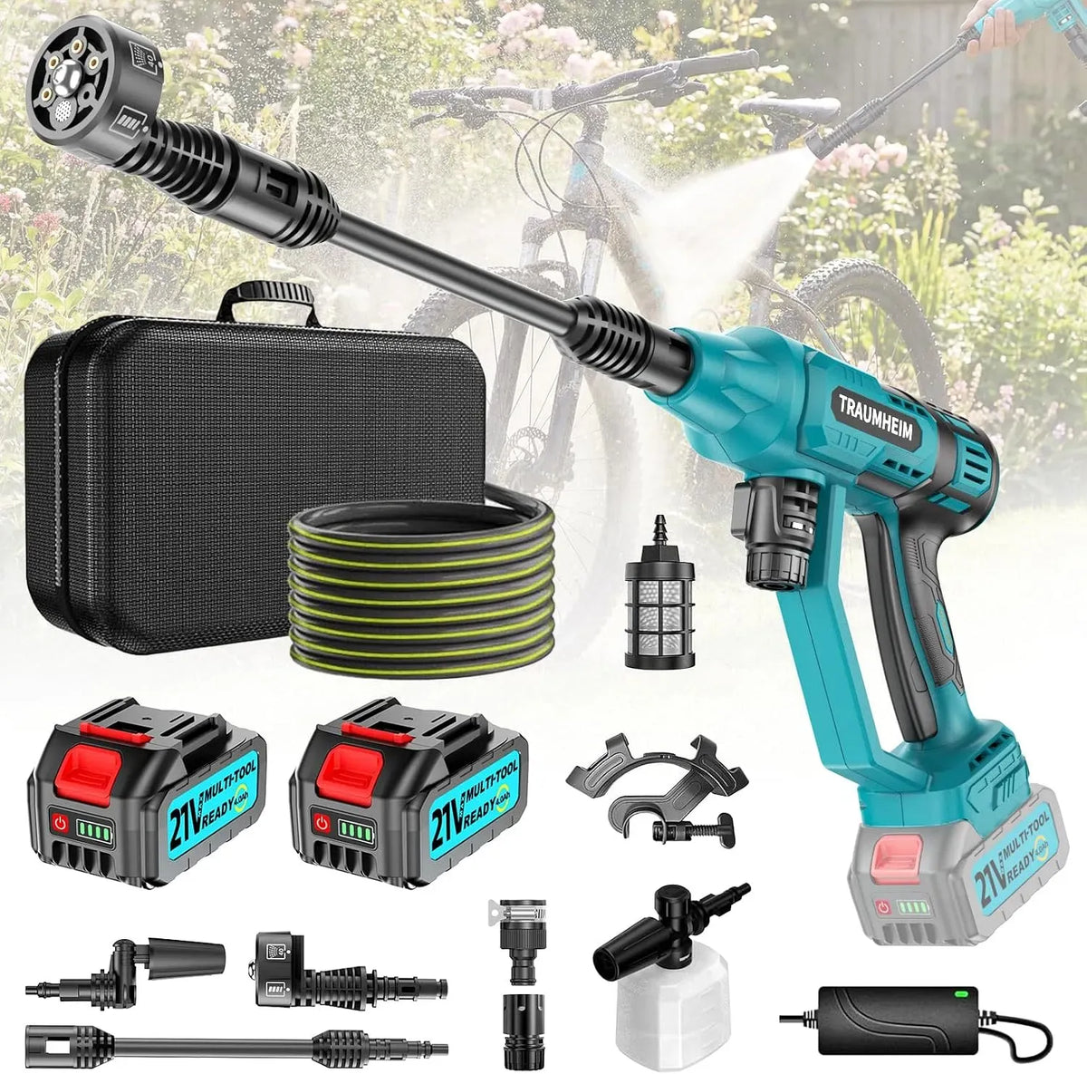 Hochdruckreiniger 4-Gang-Modus 6-in-1, Pressure Washer Max 150Bar, 180° Drehbare Düse für Autos, Multifunktionale Mobiler Hochdruckreinige mit 2x4