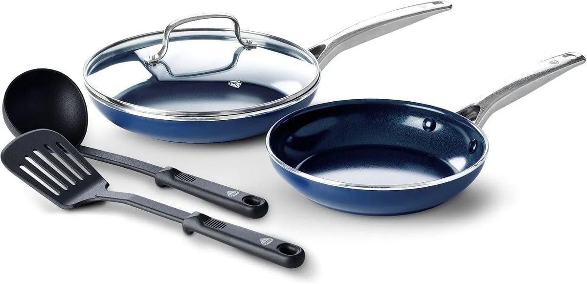 Geschirrspüler 7-teiliges, Spülmaschine, Antihaftbeschichtung, Blau, Blue Diamond Cookware Diamantstruktur Keramik Antihaft, Backofenfest bis 200°C