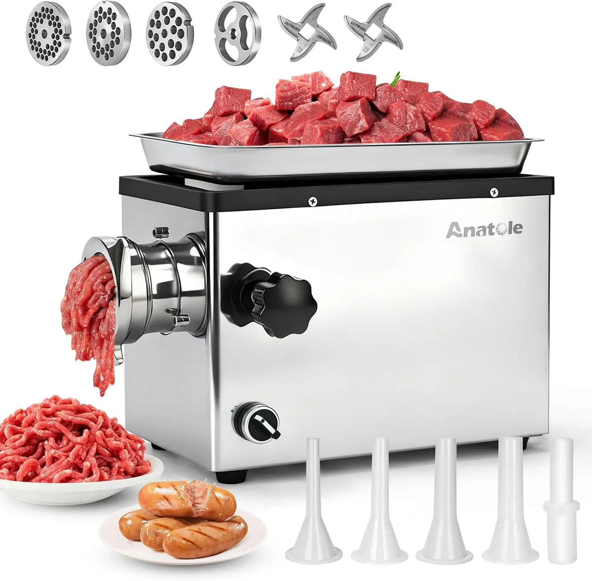 Wurstmaschine, Fleischwolf, 950 W, Edelstahl, Anatole Fleischwolf Elektrisch Profi Wurstmaschine Edelstahl 950W