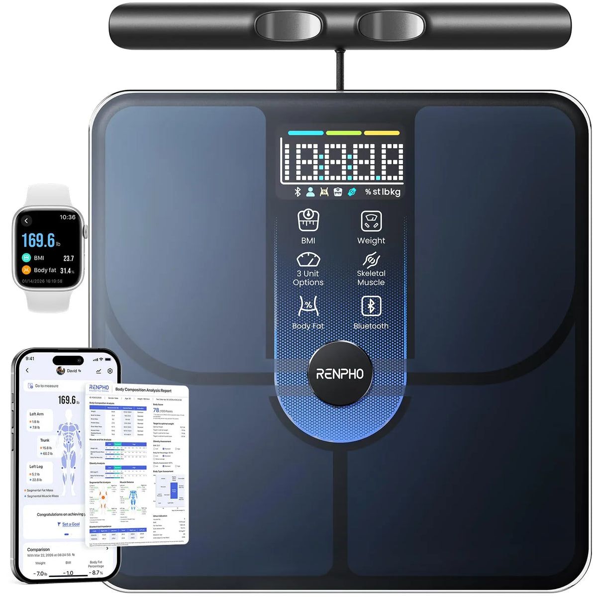 7-Tage-Anzeige körperanalysewaage, 180 kg, 8 Elektroden, Bluetooth, RENPHO