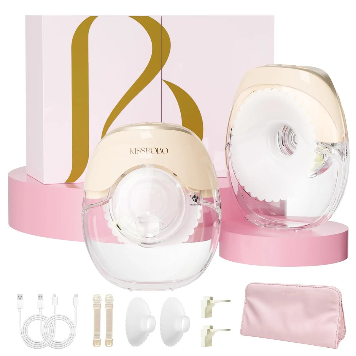 Milchpumpe, elektrische Stillpumpe, KISSBOBO, tragbar, leise, 50mm ultra dünn, Beige 2Stück, 3 Modi 8 Stufen