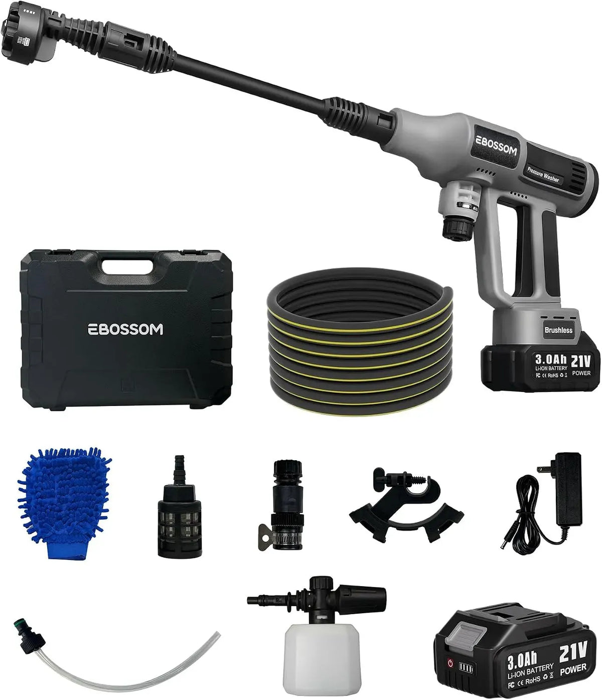 Hochdruckreiniger, Akku 6-in-1 3Ah, tragbar, Tragbarer Jet Druckreiniger Pistole, Verstellbare Düse, 2X Batterien