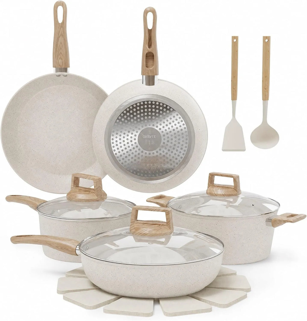 Kochgeschirr, Topfset 21-Teilig, Antihaftbeschichtung, Weiß, Pfannenset mit Antihaft-Beschichtung, 14 Pcs, PFOA & PFAS-frei