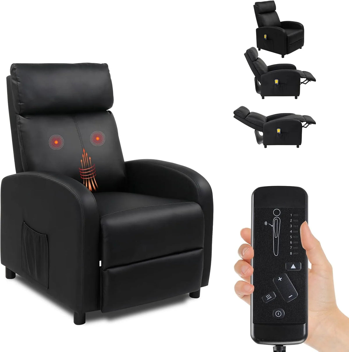 Relax- und Massagesessel, LEADZM, Schwarz, TV Sessel Ruhesessel mit Liegefunktion Ruhesessel Leder, manuell verstellbare Rückenlehnenneigung