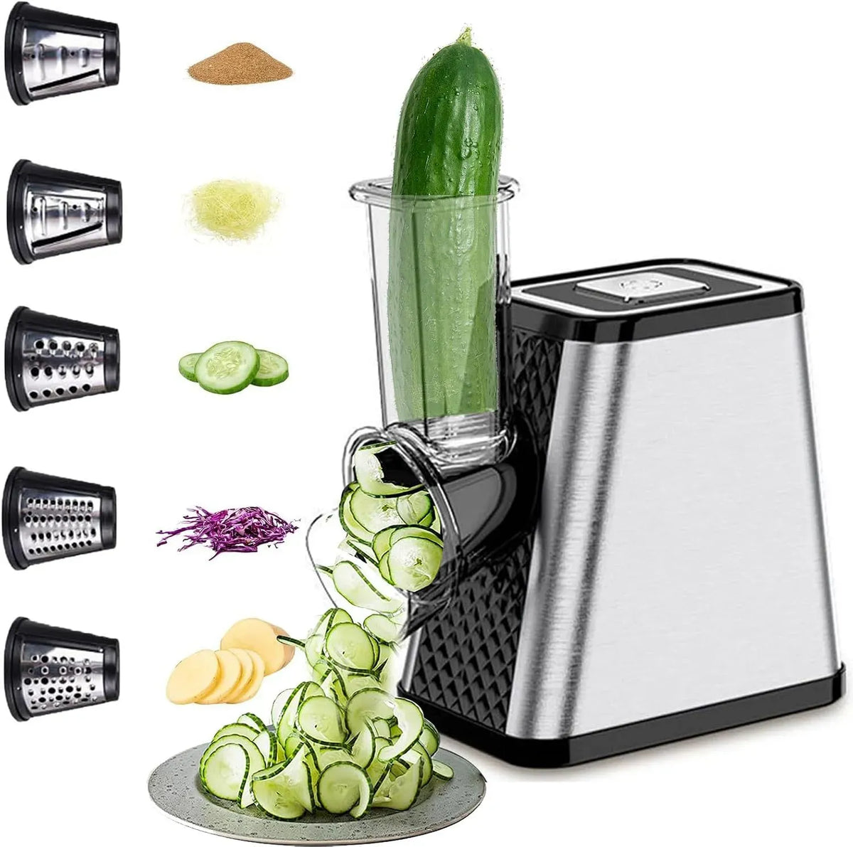 5-in-1 Elektrisch, Profi Gemüsehobel Edelstahl, 500W Küchenreibe mit 5 Edelstahl-Klingen für Käse, Multi Gemüsehobel für Haus& Salat Zubereitung