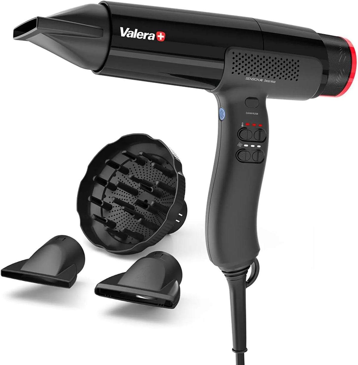 Wäschetrockner, 2000 W, 2 Temperaturzonen, Schwarz, Föhn mit High-Speed Digitalmotor, 18 Temperatur- und Luftstromstufen, Valera Sension AI