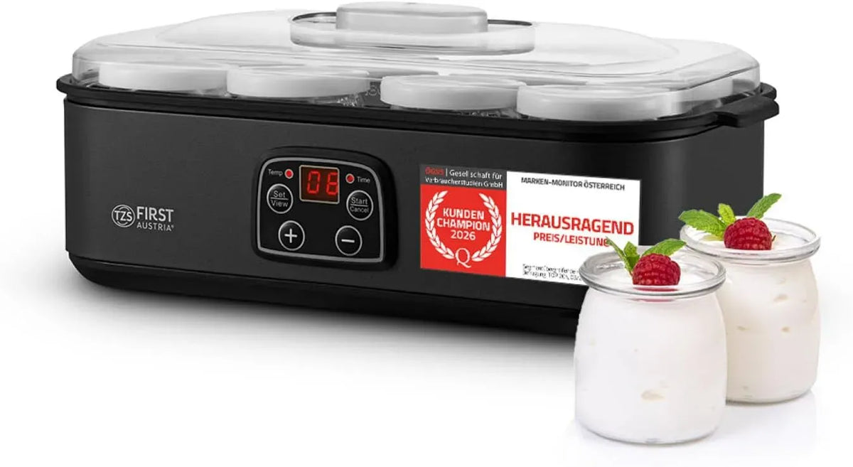 Yogurt Maker, Joghurtbereiter, Joghurtmaschine, Glasbehälter, 1,4 L, 25 W, 20 bis 55 °C, 180 ml, LCD-Display, 2 Temperaturzonen, Grau, für bis 1