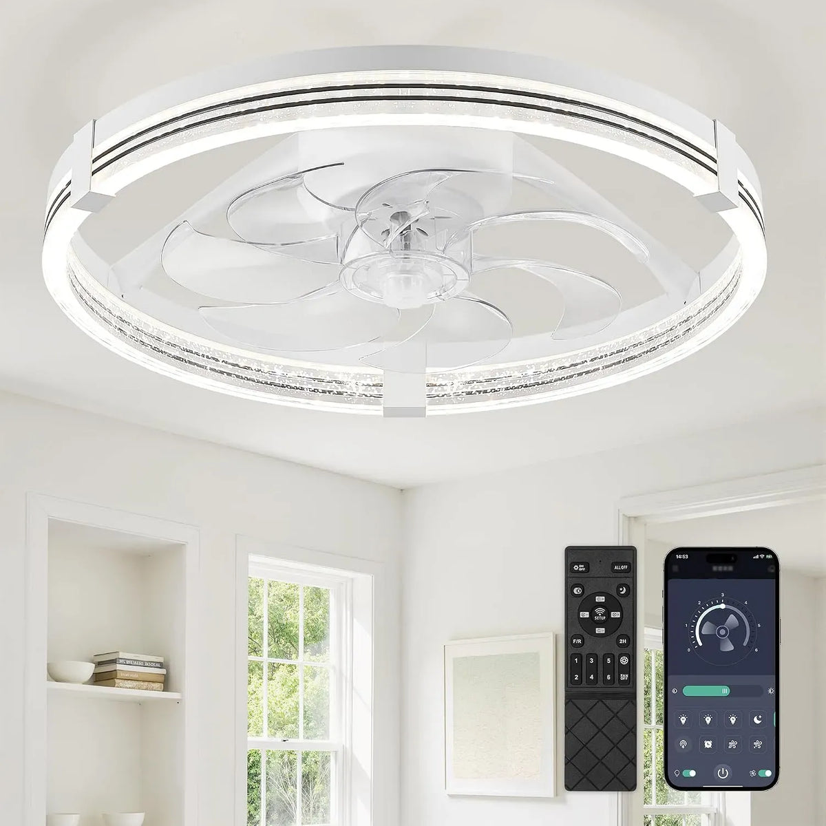Ventilator, ZMISHIBO 3000K-7000K, Timer, Wohnzimmergestaltung, leise, Weiß, dimmbare LED, APP & Fernbedienung, leise für Wohnzimmer & Schlafzimmer