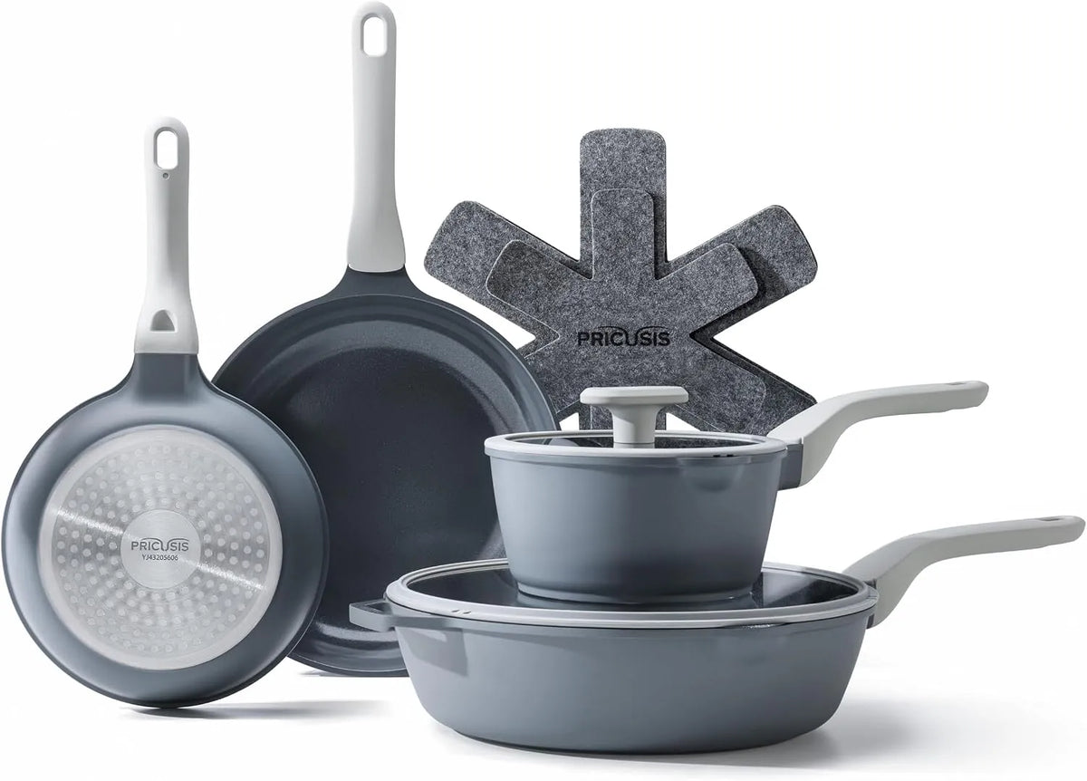 Geschirrspüler, Spülmaschine, PRICUSIS 9-teilig, Antihaftbeschichtung, Grau, Keramik-Kochgeschirr-Set, PFOA- und PFAS-frei, antihaftbeschichtet