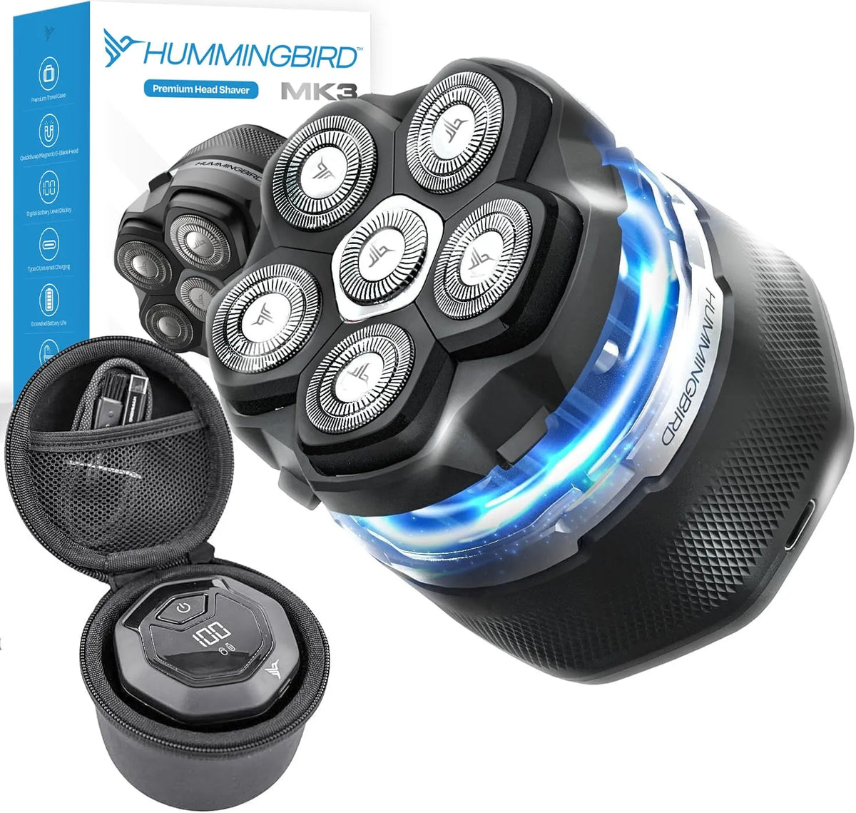 MK3 Totenkopf-Rasierer, Rotationsrasierer, Kopfrasierer, Elektrorasierer für den Kopf, IP65, USB, kabellos, für Glatzköpfige Männer, HUMMINGBIRD
