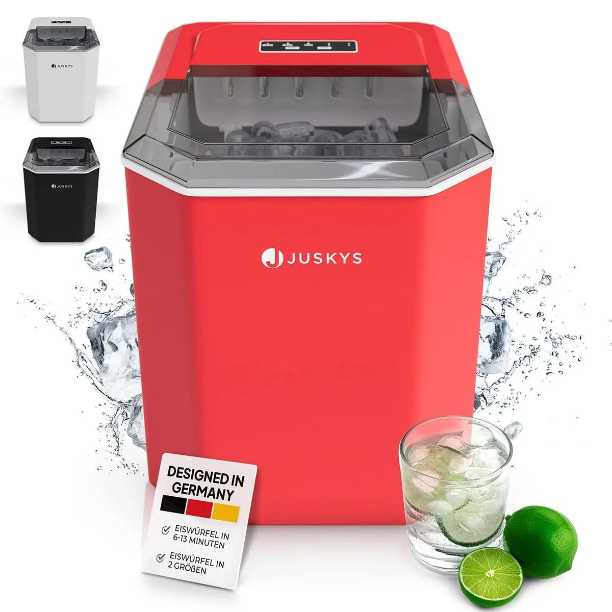 Eiswürfelmaschine, Rot, 6-13 min, 12 kg/Tag, Eisbereiter, Juskys Eiswürfelmaschine klein mit Eiswürfelbehälter für Eiswürfel Rot