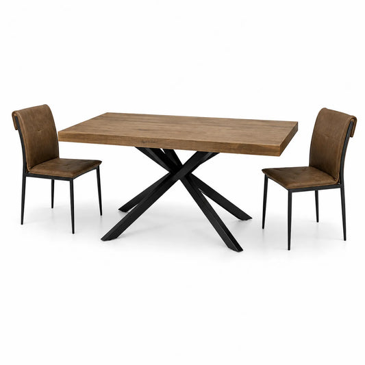 Esszimmertisch Set aus Holz mit Metallgestell und 2 Stühlen