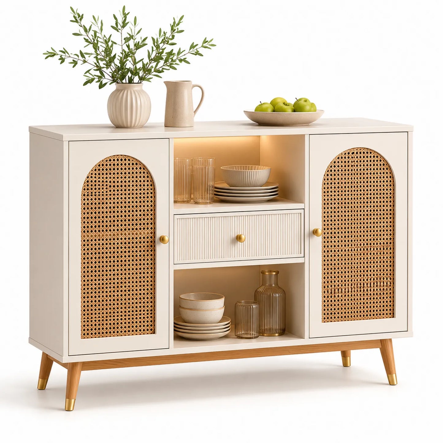 Sideboard mit MDF, Massivholz und Rattan in Creme, 120x80x35 cm