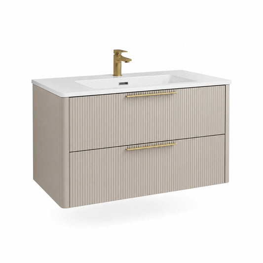 Hängender MDF-Waschtischunterschrank mit Keramikwaschbecken Beige Weiß 90x45x55 cm