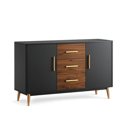 Sideboard aus Holz und Metall in Schwarz mit Walnusselementen