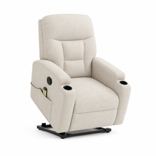Elektrischer Relaxsessel aus Leinenstoff mit Getränkehalter und Hebefunktion, Beige
