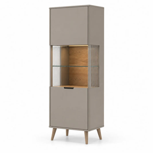 Vitrine aus Holz mit Glastür, 180x60x40cm, Grau/Eiche