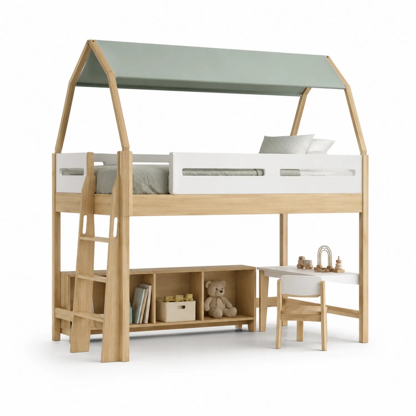 Holz-Kinderhochbett mit Schreibtisch und Regal 200x90 cm