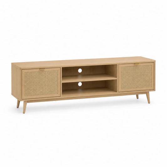 TV-Schrank aus Eichenholz mit Rattantüren Beige 150x40x50cm