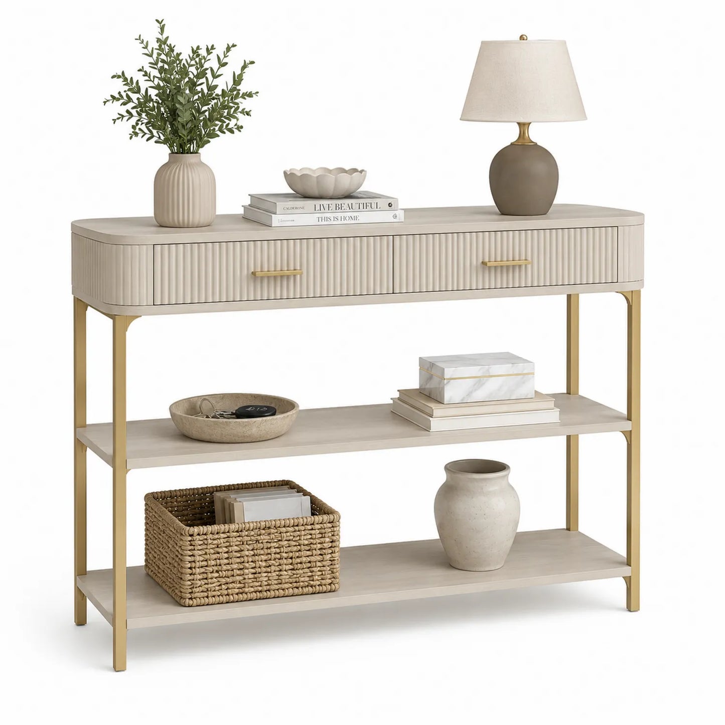 Konsole mit Regalen und Schublade MDF mit Eichenfurnier Beige/Gold Stahlgestell