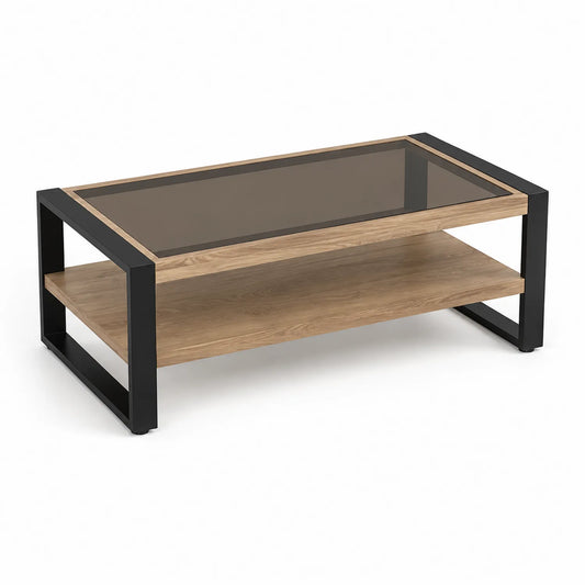 Rechteckiger Couchtisch mit Glasplatte und Eichenfurnierregal