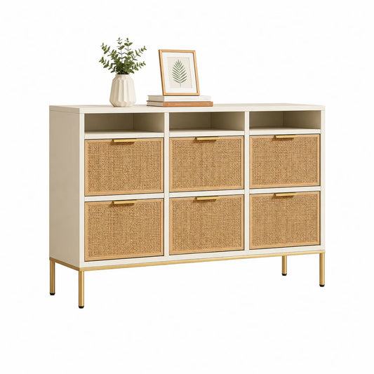 Beige Sideboard mit Rattan und Metallbeinen 120x36x83cm
