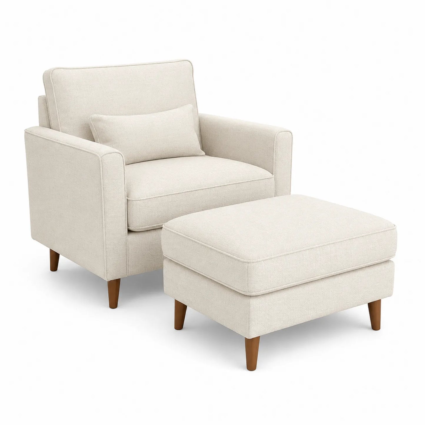 Stoff Sessel und Hocker Set mit Holzbeinen Beige