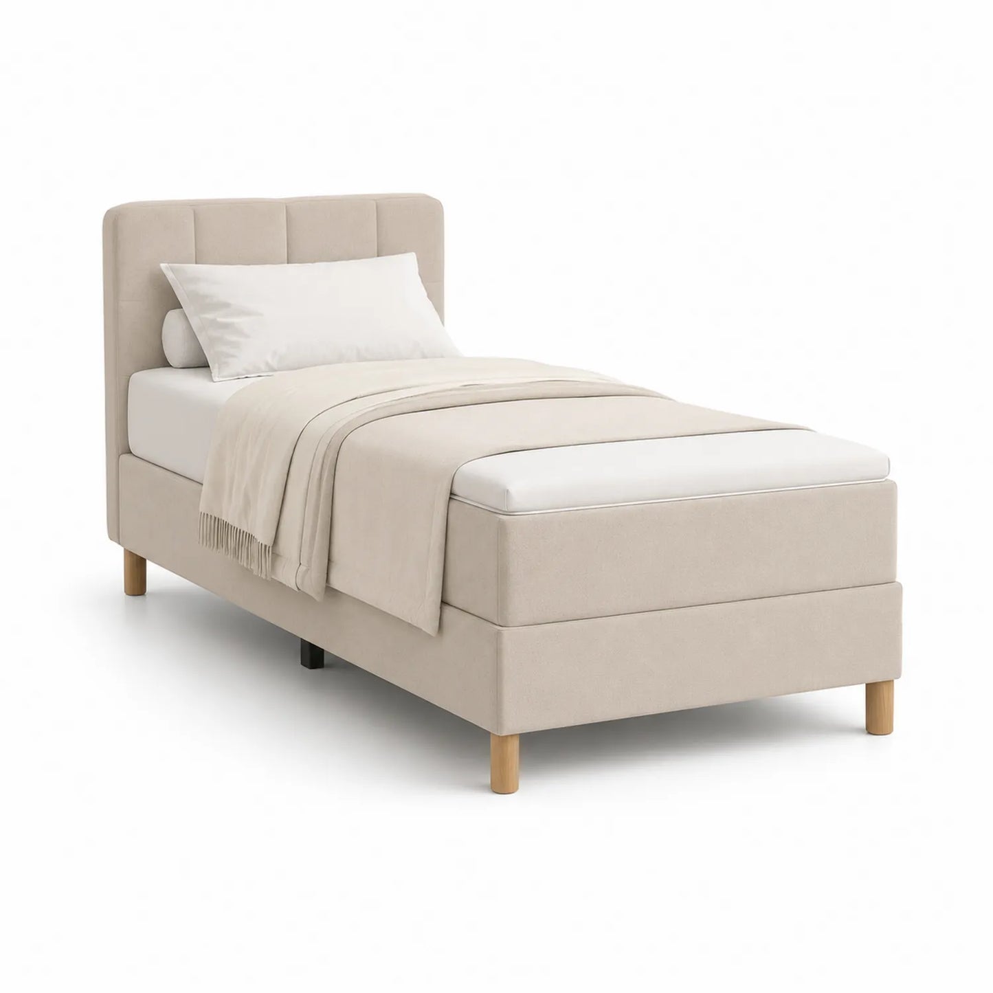 Einzelbett mit Holzfüßen und Stoff in Beige 200x100x90 cm