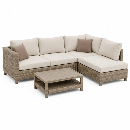 Eck-Gartensofa-Set aus Polyrattan mit Tisch Beige