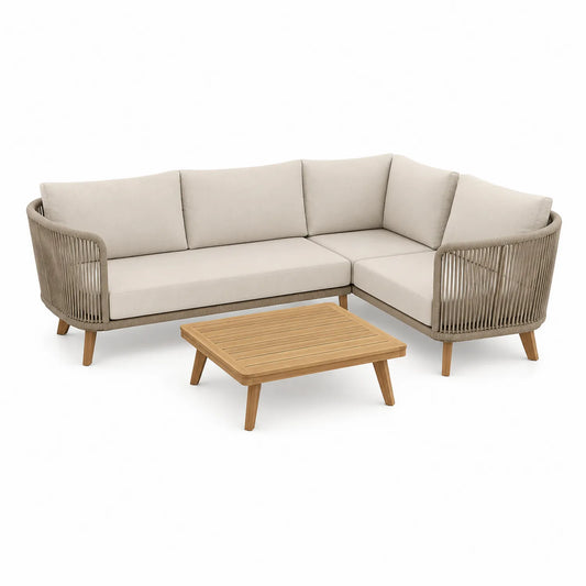 Ecksofa-Set mit Tisch Beige Teakholz und Aluminium