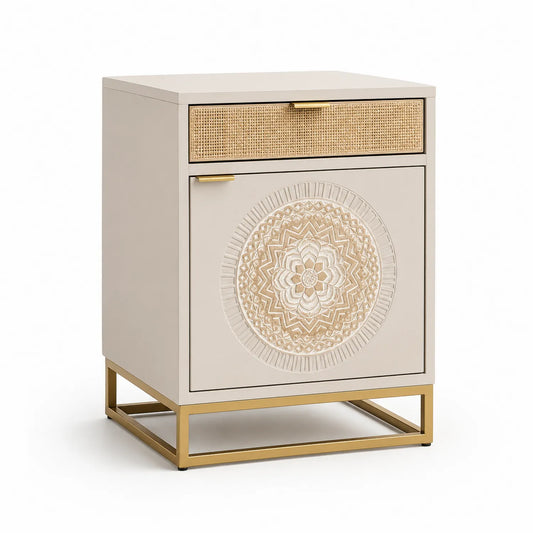 Beistelltisch mit Rattanfront und goldener Metallbasis