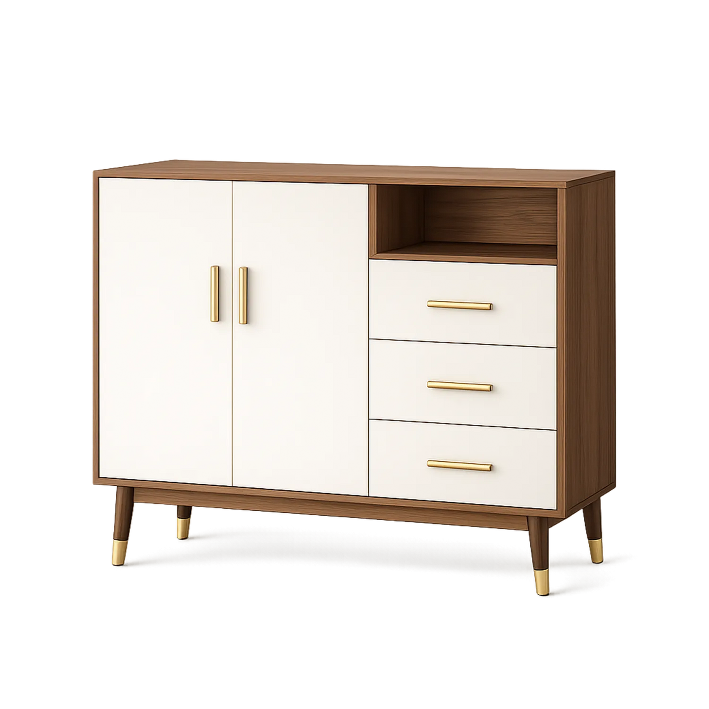 Holz-Sideboard mit 2 Türen und 3 Schubladen, Weiß und Nussbaum, 120cm x 40cm x 80cm