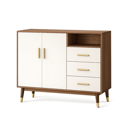 Holz-Sideboard mit 2 Türen und 3 Schubladen, Weiß und Nussbaum, 120cm x 40cm x 80cm