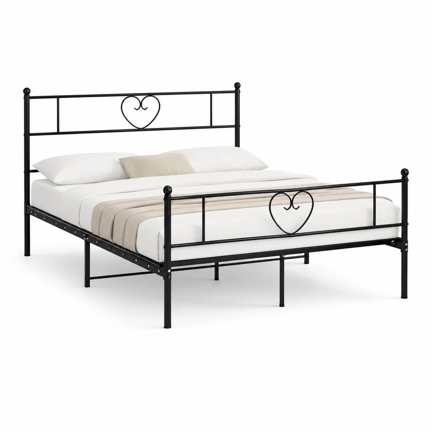 Schwarzes Metallbett 140x200 cm mit Herzdesign