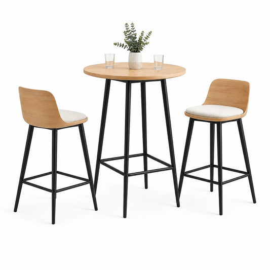 Runder Tisch mit 2 Hockern Holz Metall Schwarz Ø60 cm