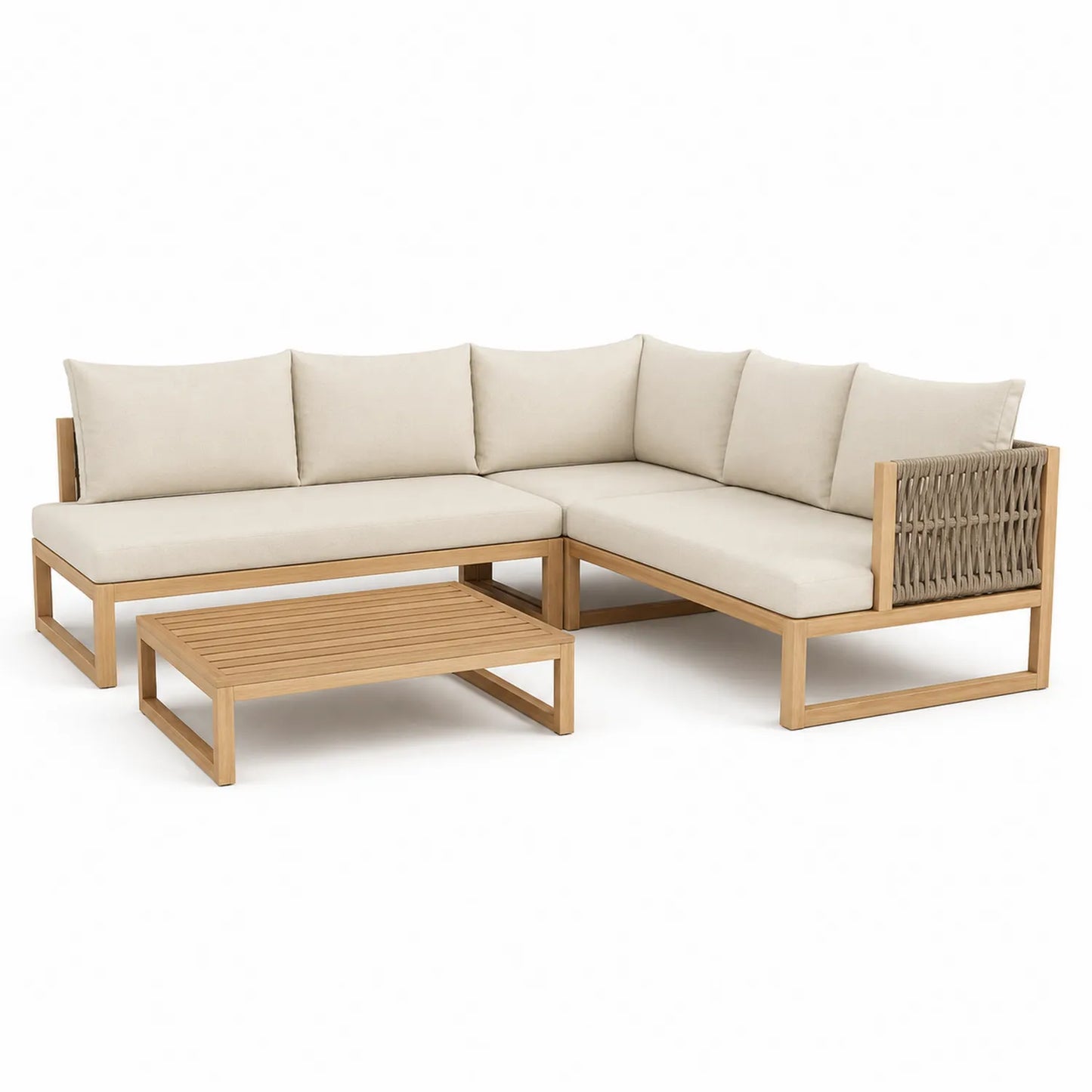 Gartenecksofa-Set Teakholz Beige Polyester Seilgeflecht