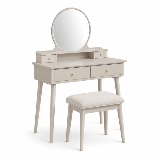 Schminktisch Set aus Holz mit Hocker und Spiegel, Beige