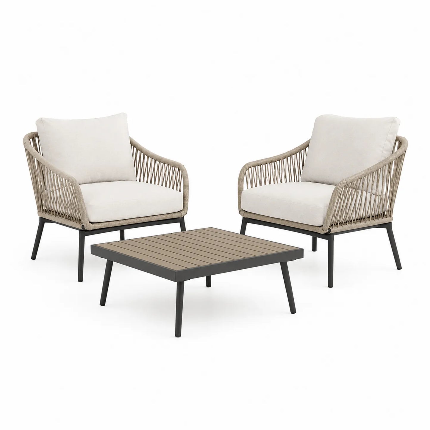 3-teiliges Gartenmöbel-Set aus Aluminium und Seil Beige