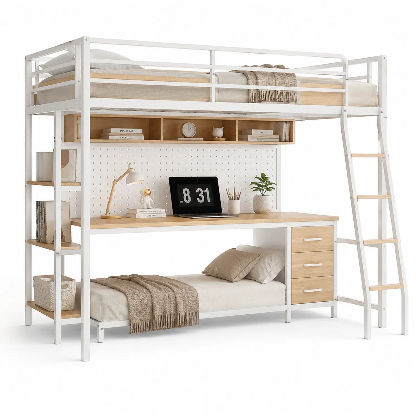 Metall-Etagenbett mit Schreibtisch und Regalen 200x90 cm in Weiß und Eichenoptik