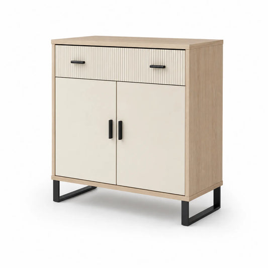 Sideboard aus Eichenfurnier und Metall, 90cm, Beige/Eiche