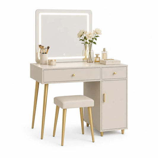 Schminktisch Set mit LED Spiegel MDF Metall PU-Leder Beige Gold 100x40x130 cm