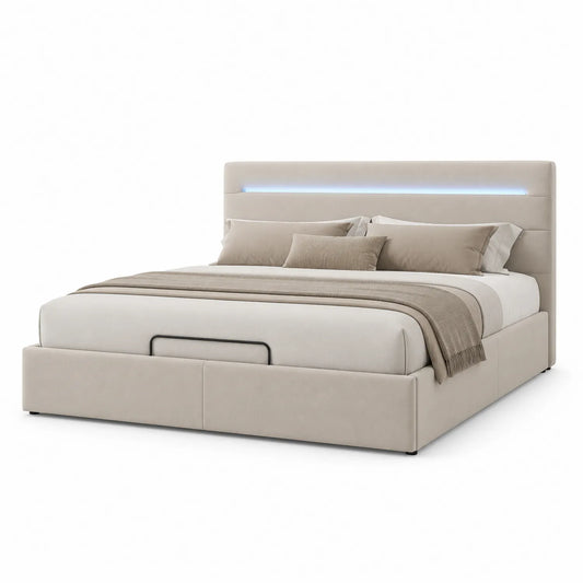 Beige Stoffbett mit LED-Beleuchtung 200x180 cm